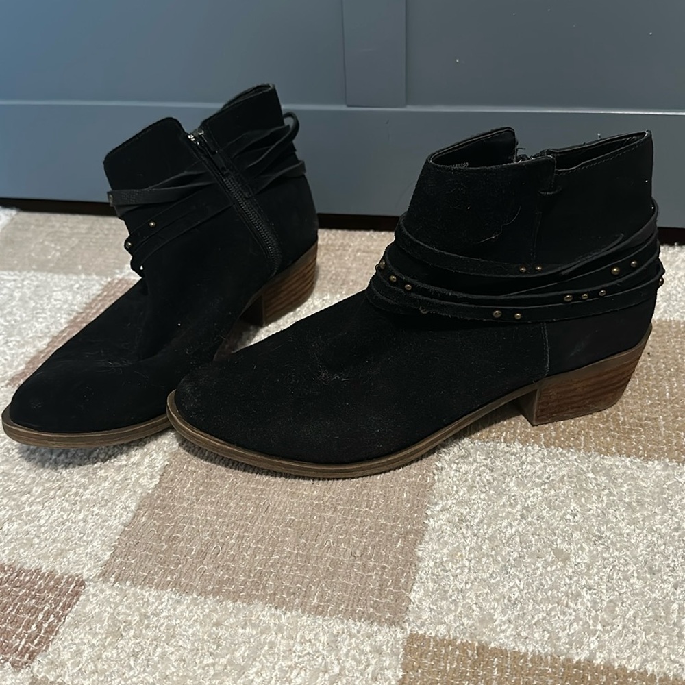 Black suede booties with fun detail and small heel (size 9)